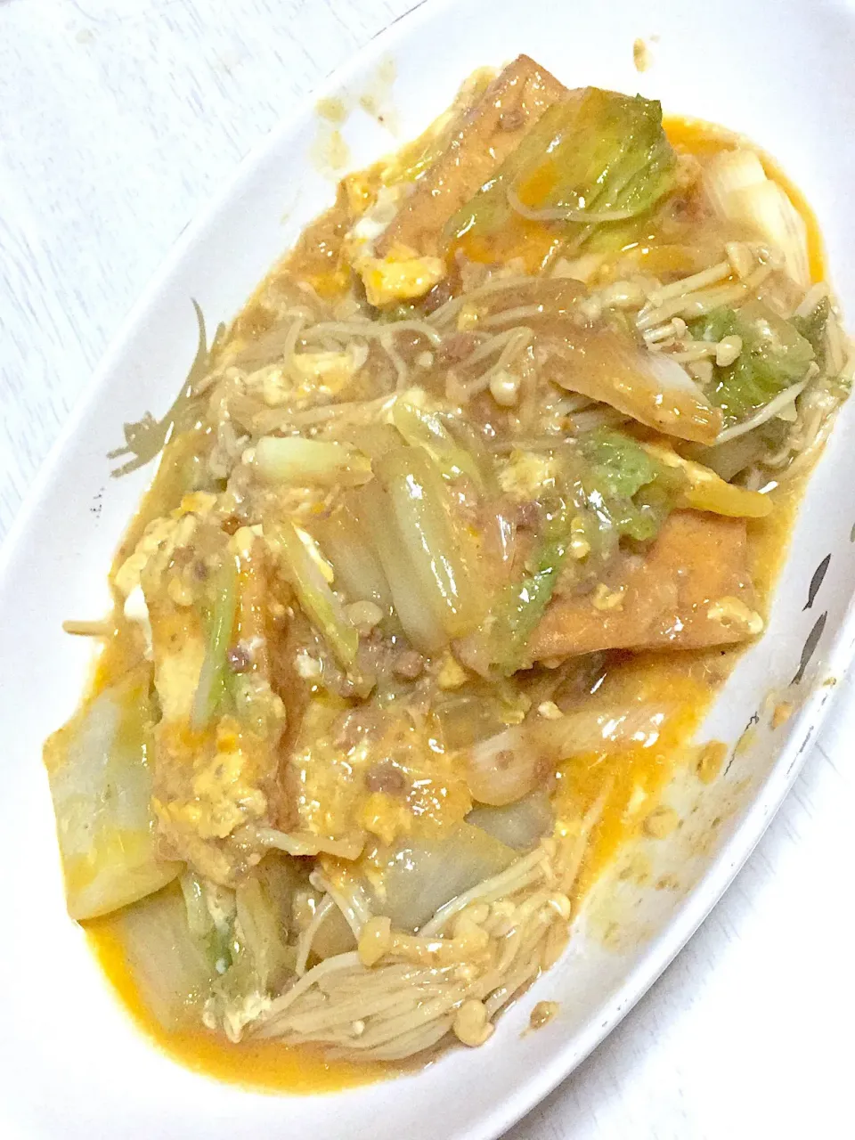 Snapdishの料理写真:白菜と厚揚げのすき焼き風トロトロ卵煮|Ayaさん