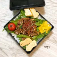 Snapdishの料理写真:牛肉とスナップえんどうオイスターソース炒めのお弁当 | ゆるゆる〜っとパパ弁|miyuっちさん