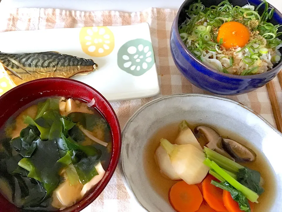 野菜の炊き合わせ、しらす丼、焼き鯖、味噌汁|KKOさん