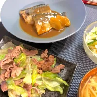 Snapdishの料理写真:#サバの味噌煮 #レタスと牛肉の塩炒め|Junさん