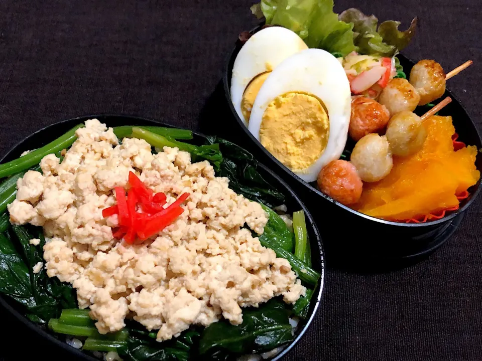 Snapdishの料理写真:1／14昼食  #弁当  •豆腐そぼろ/ほうれん草のナムル載っけご飯 •コールスローサラダ •ゆで卵 •かぼちゃ煮 •ミニくし天|おさんどんさん