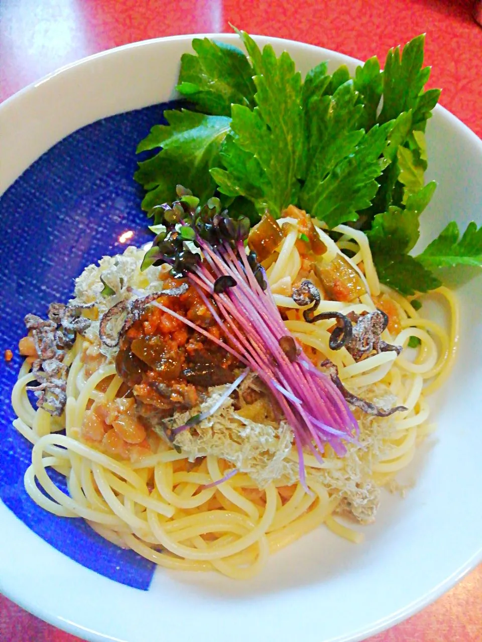 🍝お漬け物&納豆で和風パスタ🍝水漬けパスタでモチモチ～|@きなこさん