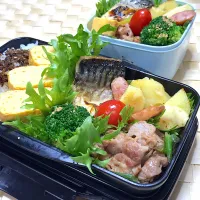 Snapdishの料理写真:火曜日の高2の次男と私のお弁当。 豚肉のネギ塩、じゃがいもとウインナーのチーズ焼き、鯖の塩焼き、だし巻き卵、ブロッコリーの胡麻和え、プチ🍅|suzzyさん