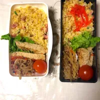 Snapdishの料理写真:女子高生弁当 #ふたりごはん  #五目御飯 #時短 #ぱらぱらチャーハン #豆腐ハンバーグ #もやし炒め|Eriko  Naraさん