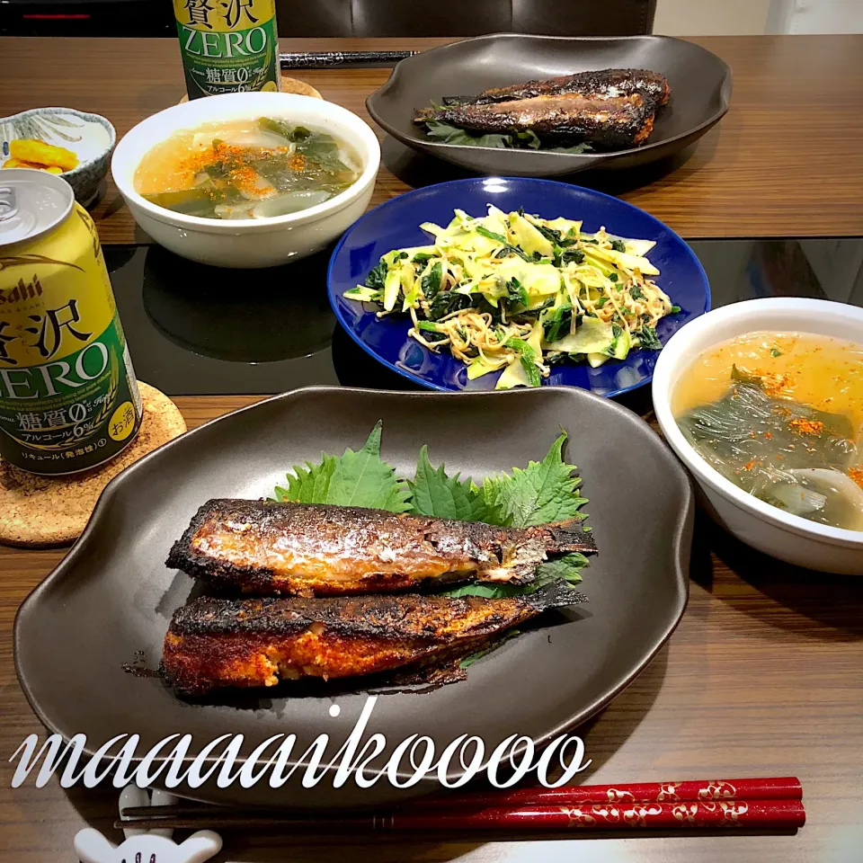 Snapdishの料理写真:トロいわし明太🐟ブロッコリーの茎とほうれん草えのきの炒め物🥦マロニー入りスープ🍲|マイコさん