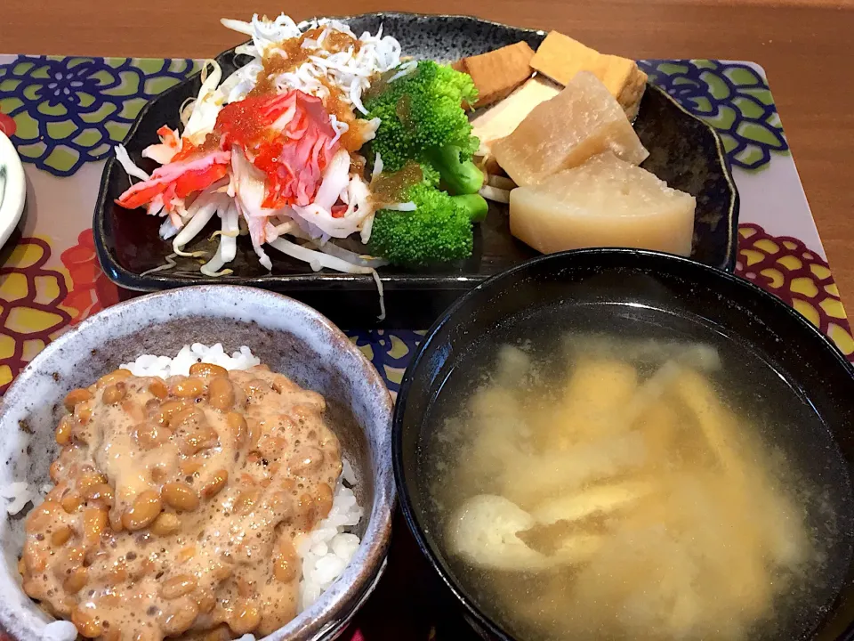 Snapdishの料理写真:朝ごはん
大根と厚揚げの煮物、茹でもやし、ブロッコリー、カニカマ、しらす、白米納豆、大根と揚げの味噌汁|かよちゃんさん