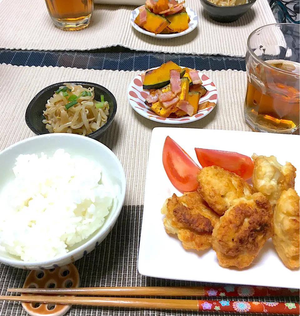 ・豆腐ナゲット ・かぼちゃとベーコンの和風炒め ・もやしポン酢漬け|ちぐあささん