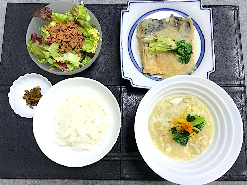 鯖のみぞれ煮、鶏団子汁、辛肉サラダ|りんさん