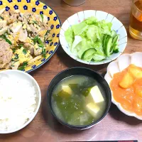 Snapdishの料理写真:＊ニラ玉
＊レタスサラダ
＊昨日の残りトマトシチュー
＊豆腐とわかめの味噌汁|ゆうこりんさん