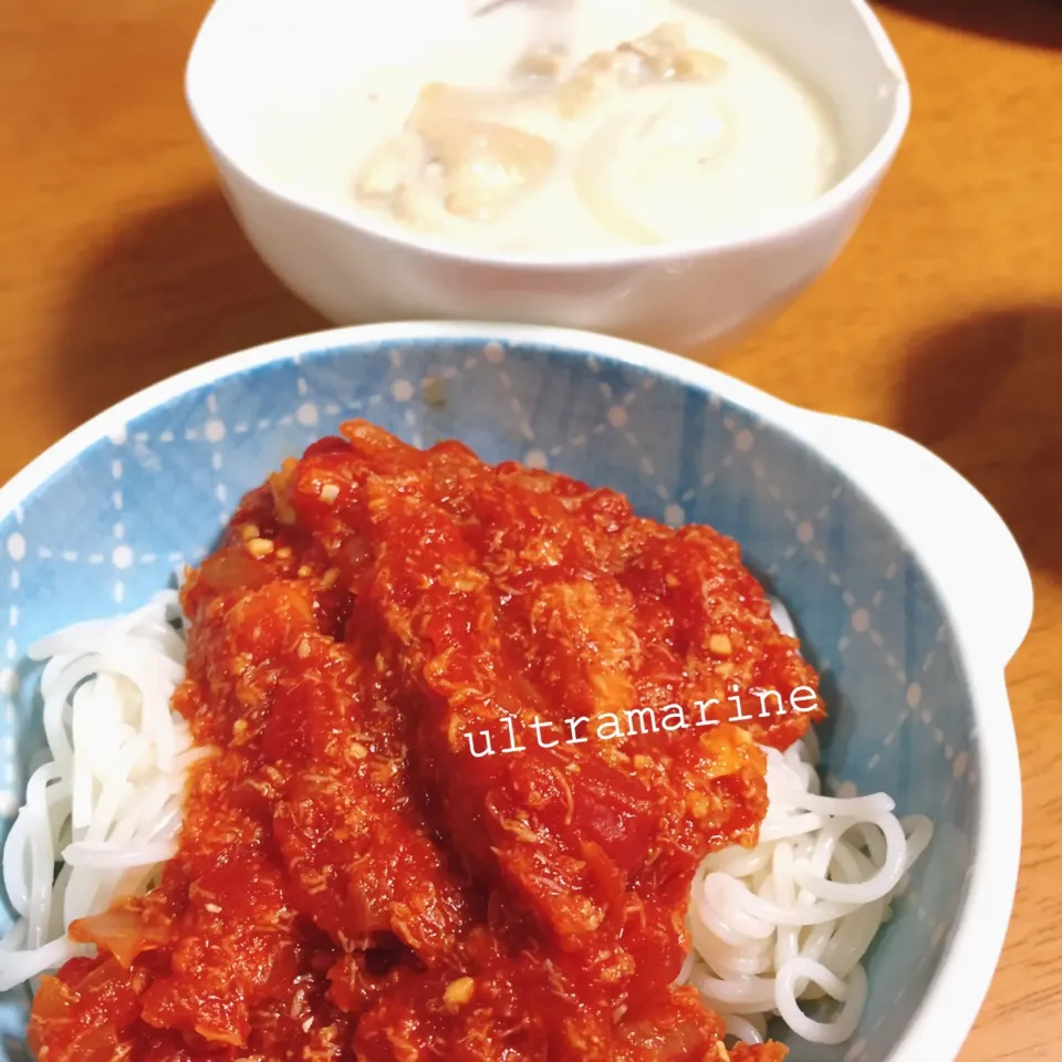 Snapdishの料理写真:＊カニ缶トマトソース♪ライスパスタ＊|ultramarineさん