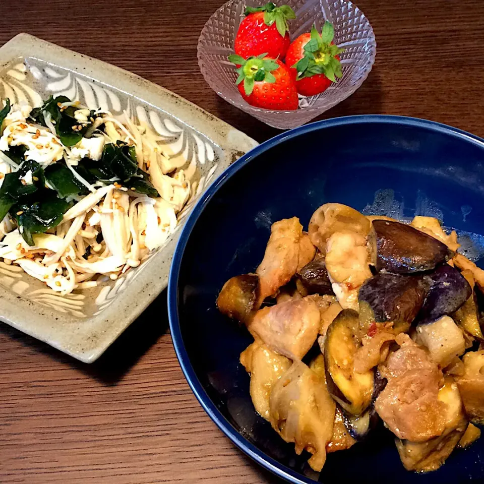 鶏蓮根茄子の味噌炒め
えのきとささみのナムル|モスグリーンさん