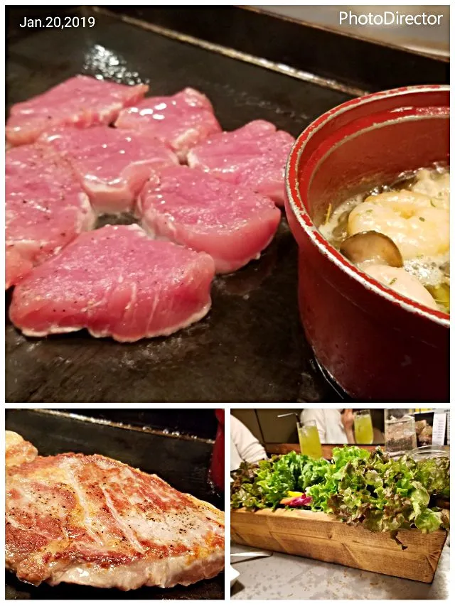 Snapdishの料理写真:豚フィレ、ステーキ、アヒージョ他　サニーレタスで巻き巻き♪　 #BUTAMAJIN|しあるさん