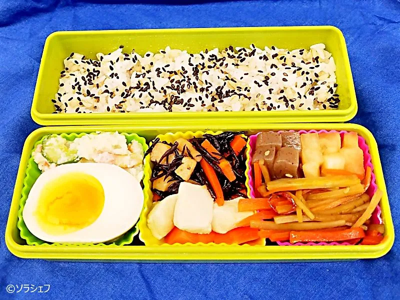 先週のお弁当
★味玉
★ポテサラ
★高野豆腐とにんじんの煮物
★ひじき煮
★きんぴらごぼう
★こんにゃくのピリ辛炒め
★大根のポン酢漬け|ソラシェフさん