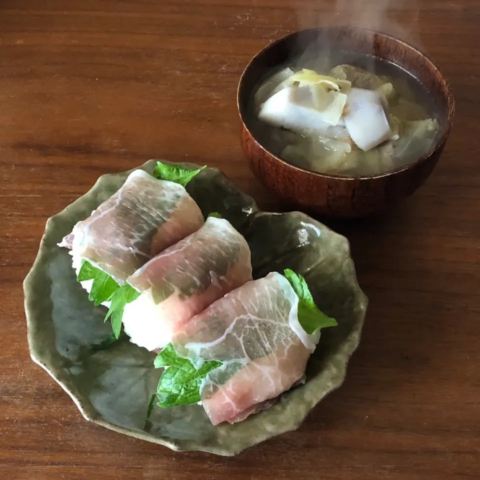 生ハムおにぎり、鰯つみれ汁|マユマユさん