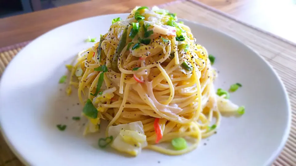 白菜とｱｽﾊﾟﾗの醤油ｸﾘｰﾑﾊﾟｽﾀ～🍝
の昼ごはん✨|kaz(*･ω･)さん