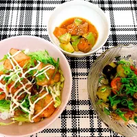 鶏肉のチリマヨ丼、茄子とトマトのさっぱり和え、サーモンとアボカドのユッケ|naeさん