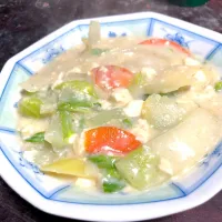 Snapdishの料理写真:夜食。白菜と豆腐の豆乳スープ。野菜だけ。|岸野 令子さん