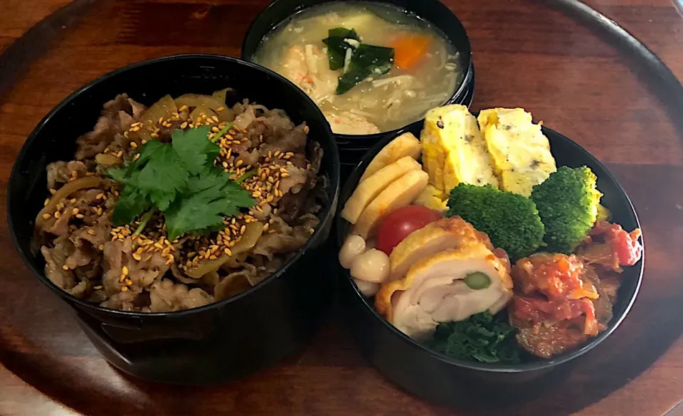 本日もお弁当🍱牛丼弁当🍱茄子とベーコンのトマトソース煮🍆🍅厚焼き玉子🍳ほうれん草🥬🥦ブロッコリー🥦高野豆腐🍢沢庵🥕  #息子弁当  #サーモスランチジャー  #牛丼弁当 #茄子 #トマト  #厚焼き玉子  #ほうれん草  #ブロッコリー🥦  #高野豆腐  #たくあん  #たくあんの日 #札幌 #中島公園|Yukie  Toriseさん