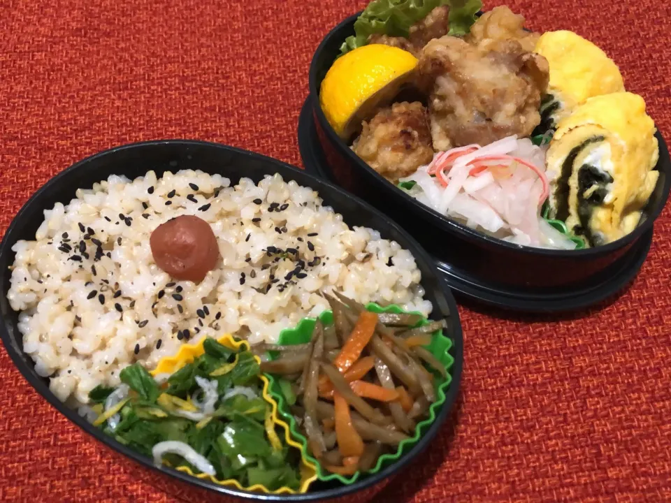 Snapdishの料理写真:1／21昼食  #昼ごはん  #弁当 •豚こま唐揚げ •大根サラダ •卵焼き •青菜の和え物 •きんぴら •玄米ごはん|おさんどんさん