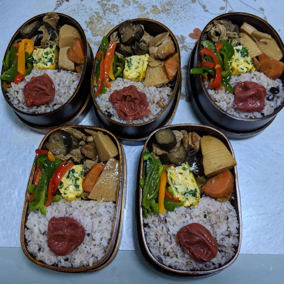 Snapdishの料理写真:今日のお弁当🍱

鶏肉　筍　大根　人参の煮物
豚肉とナスの味噌炒め
彩りピーマンのナムル
ニラ入り卵焼き

もち麦いり十六穀ごはん|ボスママさん