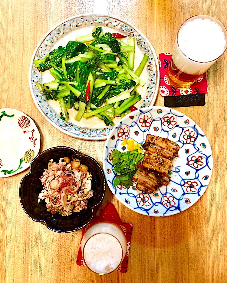 Snapdishの料理写真:本日のあて
乳酸菌サラダ、蓮根の柚子味噌、塌菜のアジアン炒め|kctreeさん