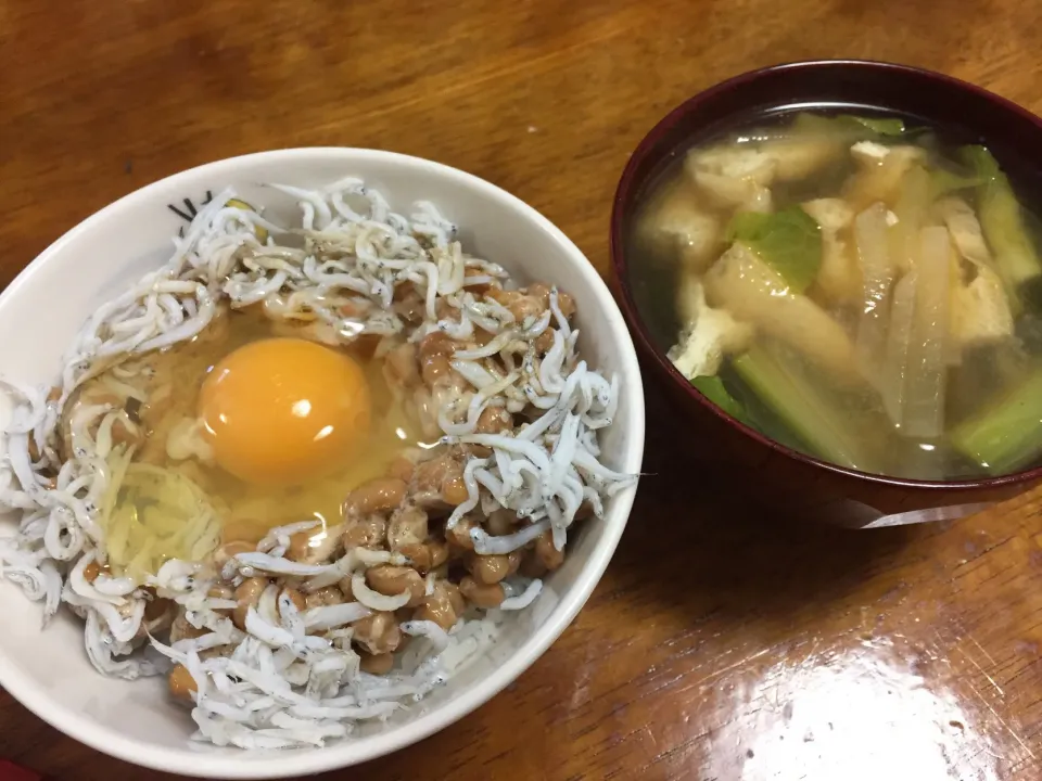 Snapdishの料理写真:納豆たまご&しらすぶっかけご飯|さんだーさん