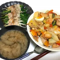 Snapdishの料理写真:中華丼＊豆苗豚バラ巻き＊茄子とミョウガのお味噌|sakuさん