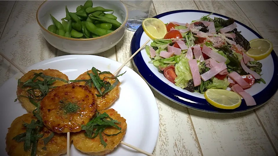 今日の男飯(*･ω･)錦織圭選手応援ツマミバージョン...♪*ﾟ鳥つくね照り焼き&自作ドレッシングサラダ&枝豆早く終わってしまった😫|ひーちゃんさん