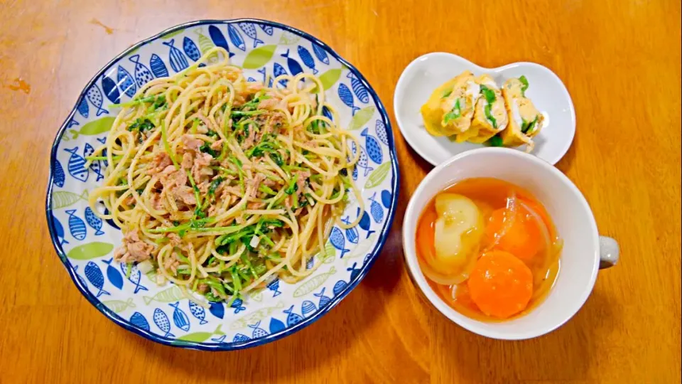 １月９日　ツナと豆苗のにんにく醤油パスタ　野菜スープ　だし巻き|いもこ。さん