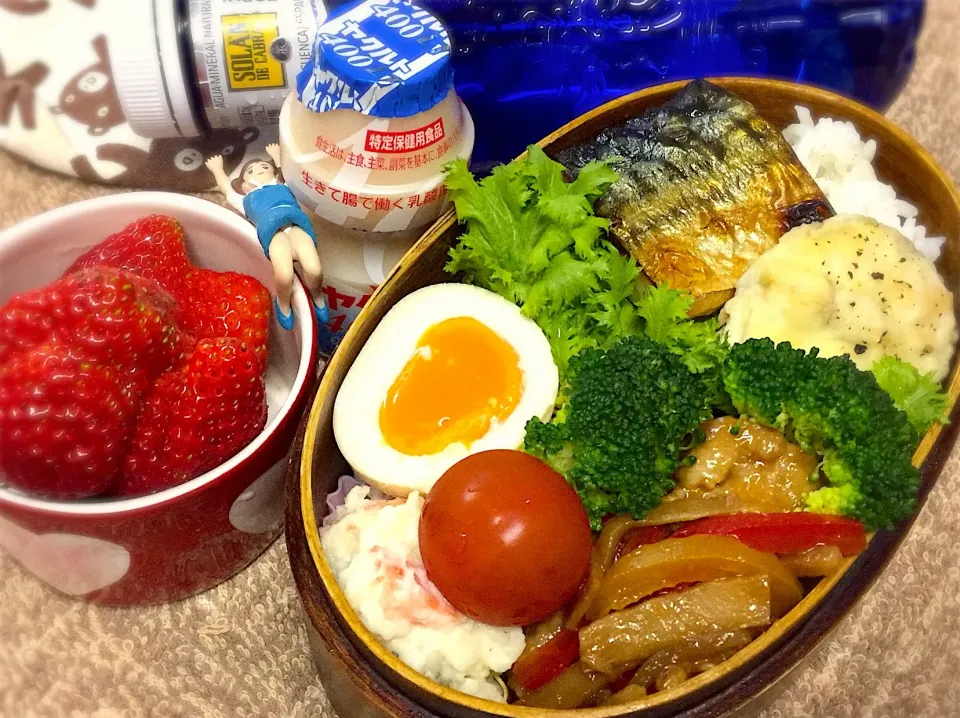 Snapdishの料理写真:パプリカとブロッコリー茎の青椒肉絲&焼き塩サバ🐟&椎茸のツナマヨチーズ🧀焼き&ブロッコリー🥦&半熟味玉&ポテトサラダ&わさび菜&プチトマト🍅&いちご🍓の夫婦お弁当♪

 #弁当  #フチ子 #いちご🍓 #青椒肉絲|桃実さん