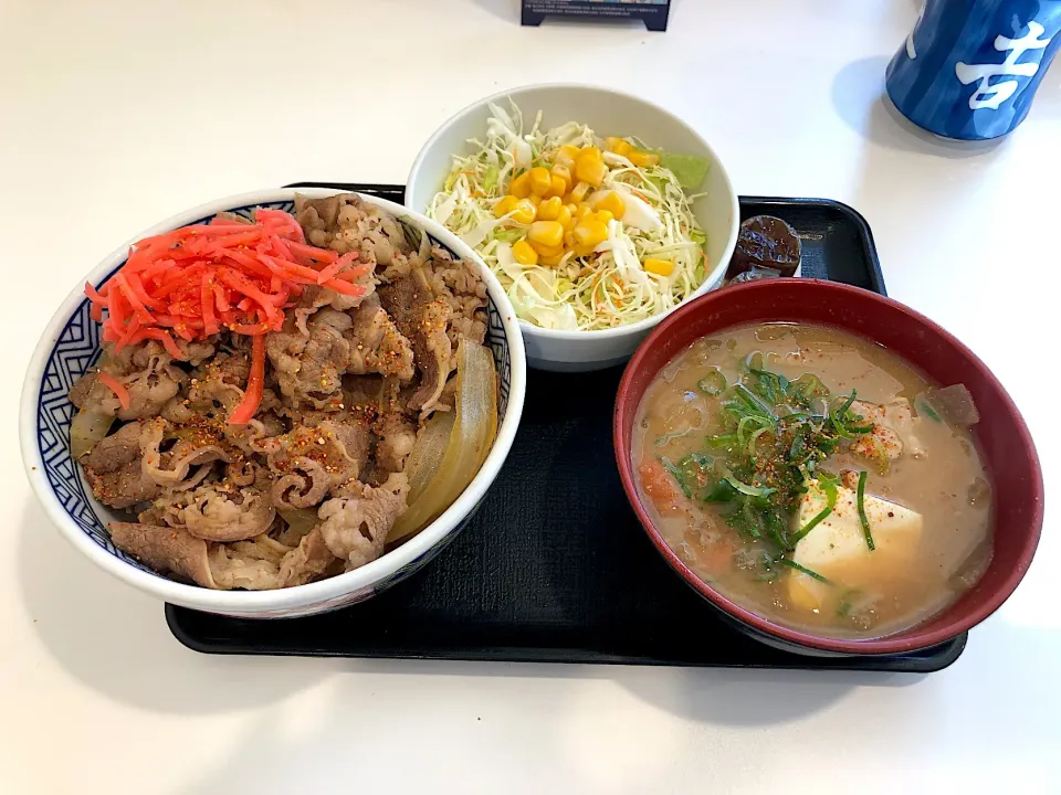 牛丼並(今日だけ肉増量)+生野菜サラダセットでとん汁に変更|しのぶさん