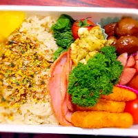 パパのお弁当/日替わり弁当
【急きょ･お弁当】お品書き

★照り焼きミートボール
★ミニトマト＆サンチェ
★飾りパセリ
★爆弾玉子焼き
（これにもパセリはいってます（笑））
★エビフライ＆折りたたみハム
★ごはん（ふりかけ付き）
★たくあん


朝の内に投稿する予定が、夕方になってしまった～😓今日のパパ弁当は、こんな感|I am hungry familyさん