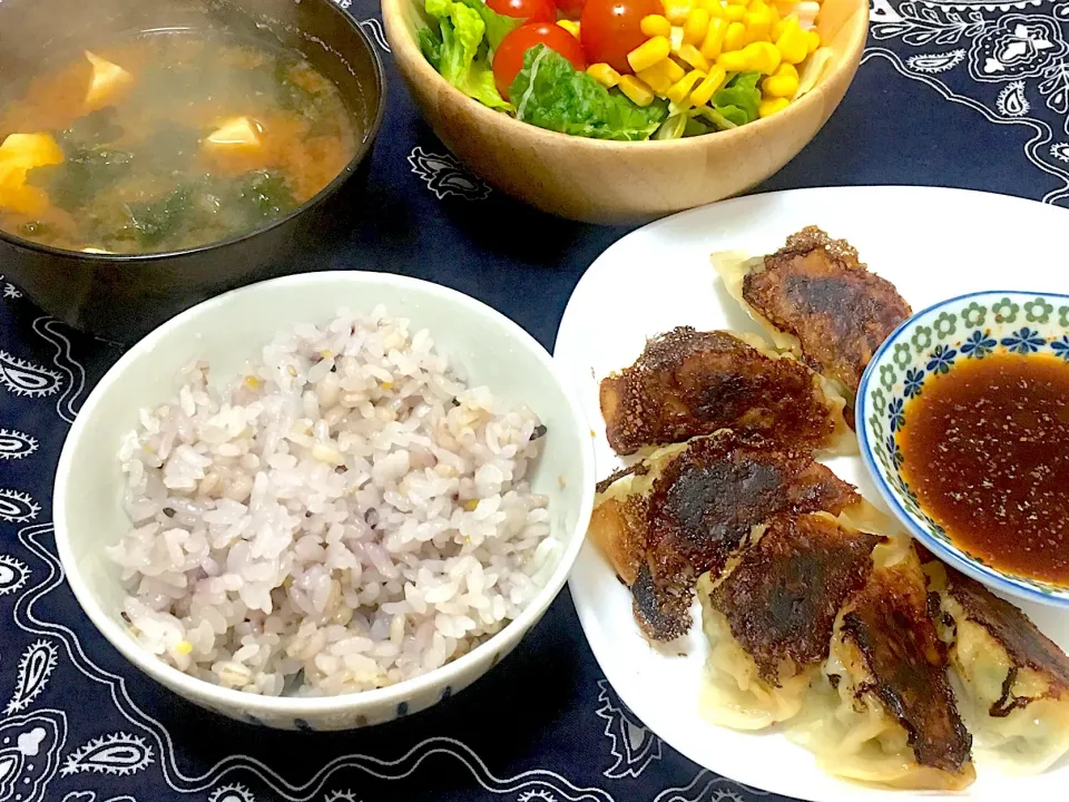 今日の夕飯🍚餃子と豆腐とワカメの長生き味噌汁🙂|琥珀さん