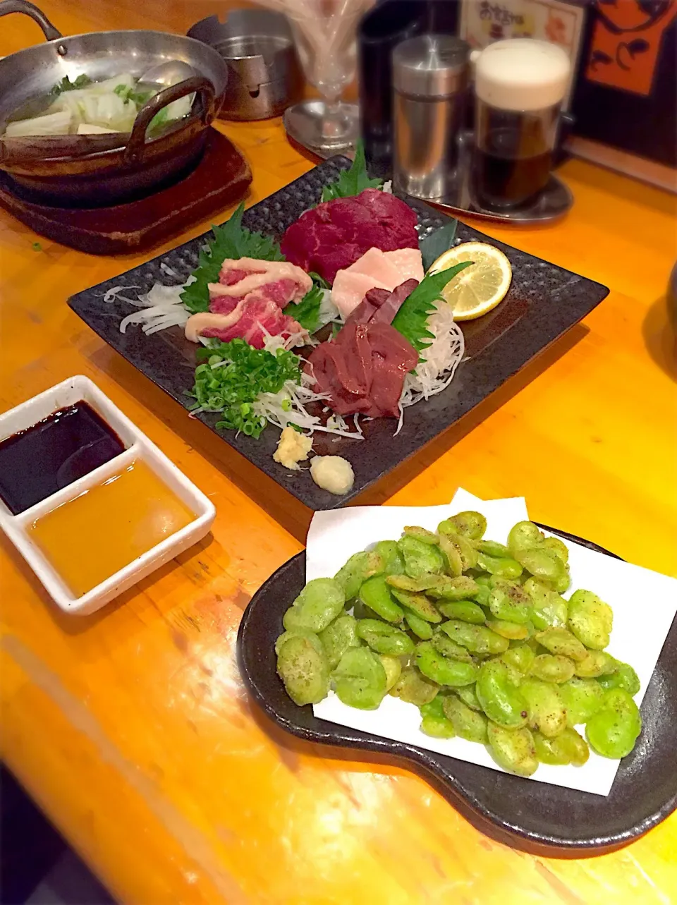 湯豆腐、馬刺し、空豆の揚げ物@西新宿っ子居酒屋とりとん|K.Sさん