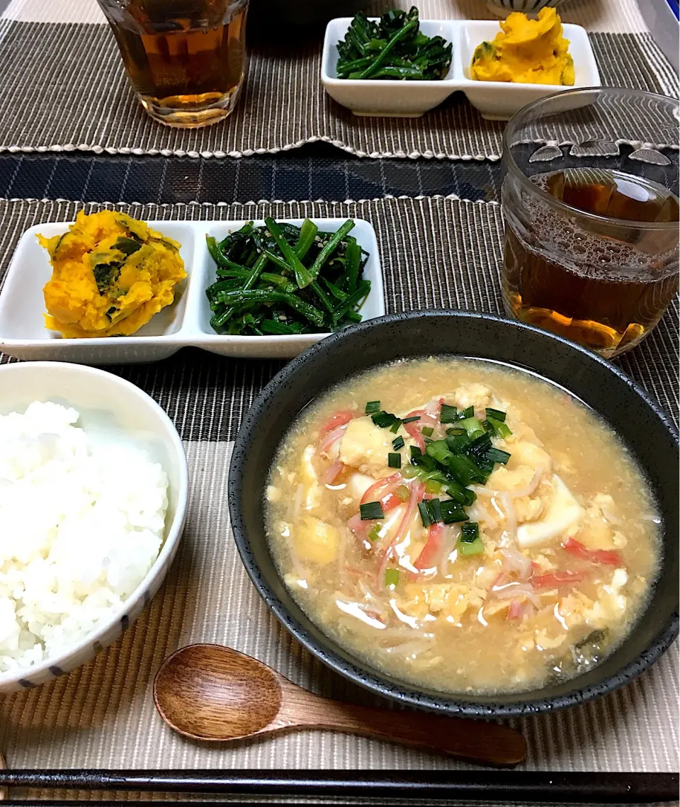 Snapdishの料理写真:・かに玉あんかけ豆腐 ・かぼちゃサラダ ・ほうれん草の胡麻和え|ちぐあささん