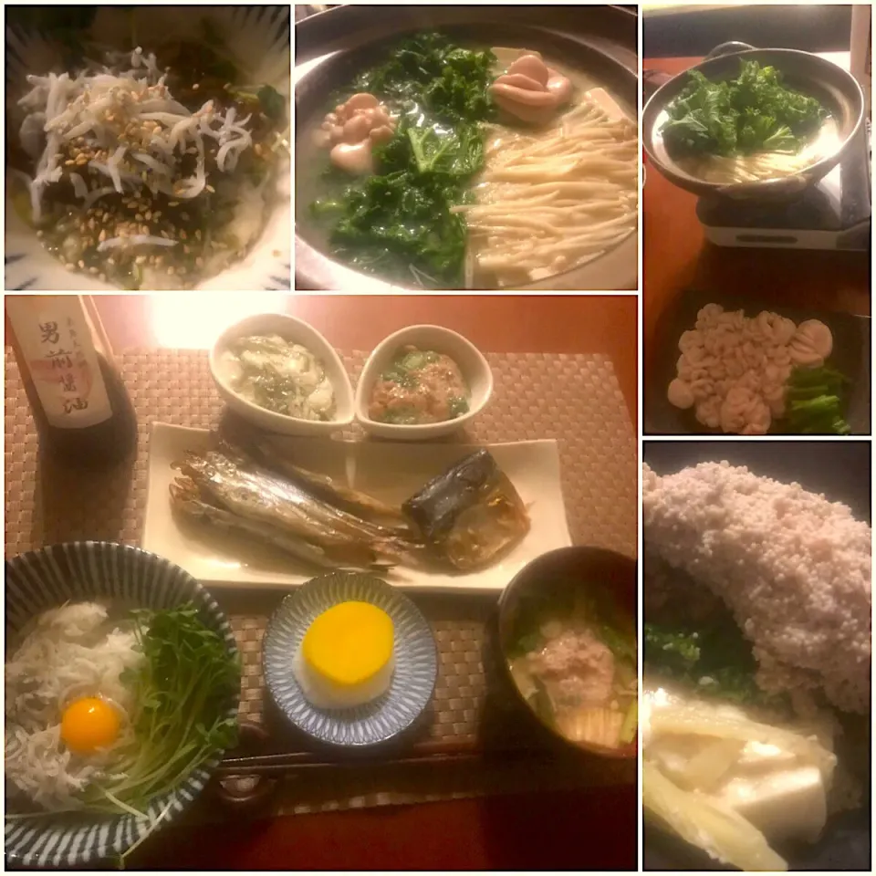 Snapdishの料理写真:Today‘s Dinner🍴沢庵漬け･鯖の塩焼き&子持ちししゃも･しらす丼･たらことお野菜のお味噌汁･納豆&ｵｸﾗ･大和芋&めかぶ|🌈Ami🍻さん