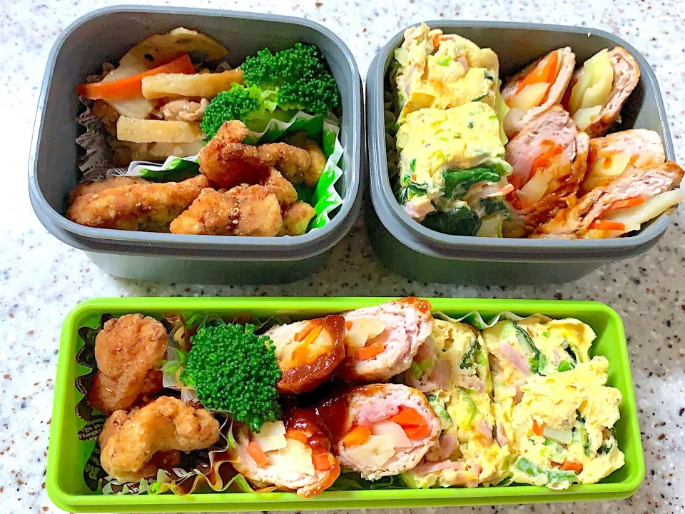 Snapdishの料理写真:部活男子弁当。サーモス。姉おまけ弁当。豚肉の野菜巻き巻き。キッシュ風卵焼き。唐揚げ。蓮根と牛肉のオイスター炒め。|yukaさん