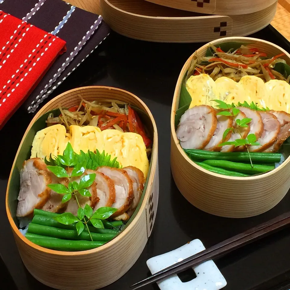 🍱１月２９日（火）夜ごはんのお弁当
 ・生姜が効いた鶏ももチャーシュー 
・薄切り玉子焼き 
・きんぴらごぼう 
・いんげん 
・白ごはん /刻みのり /大葉 
・写真にないけど、九条ねぎどっさりの鶏吸い|mutsumi☺︎さん