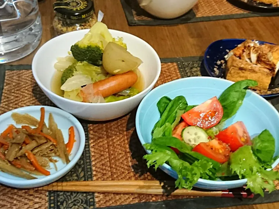 Snapdishの料理写真:きんぴらごぼう&ポトフ&トマトサラダ&厚揚げ|まぐろさん