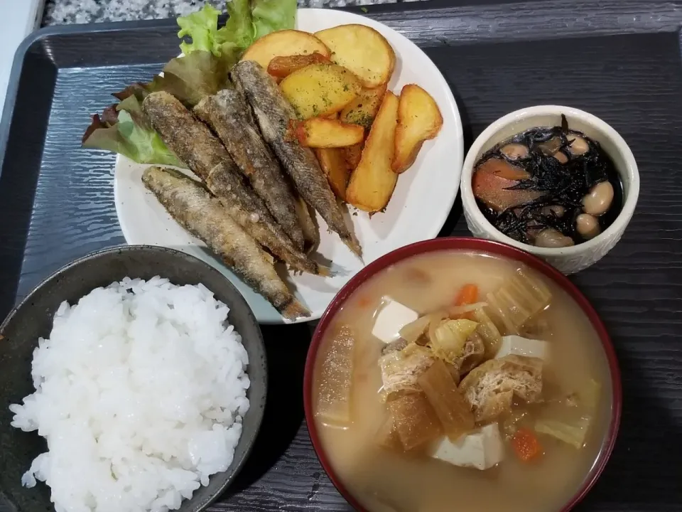 ・コチの唐揚げ
・フレンチフラドポテト
・ひじき煮豆
・味噌豆乳汁|あぁちゃんさん