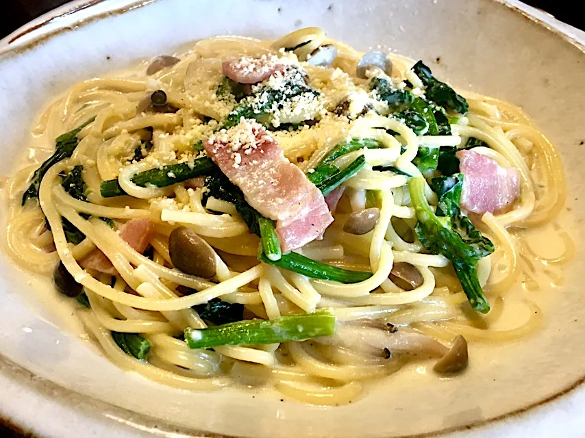 ほうれん草、しめじ&ベーコンのクリーム調パスタ
#一年前の今日と同じやった
#麺好き男のランチ|mottomoさん