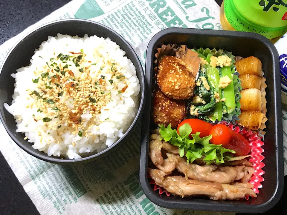 Snapdishの料理写真:高校生男子今日のお弁当20190131 #せせりの塩焼き #小松菜と卵のオイマヨ炒め#長芋バター醤油ステーキ|mi♪さん