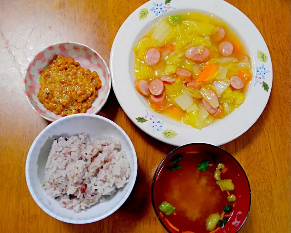 １月２１日　白菜とウィンナーの中華煮　納豆　お味噌汁|いもこ。さん