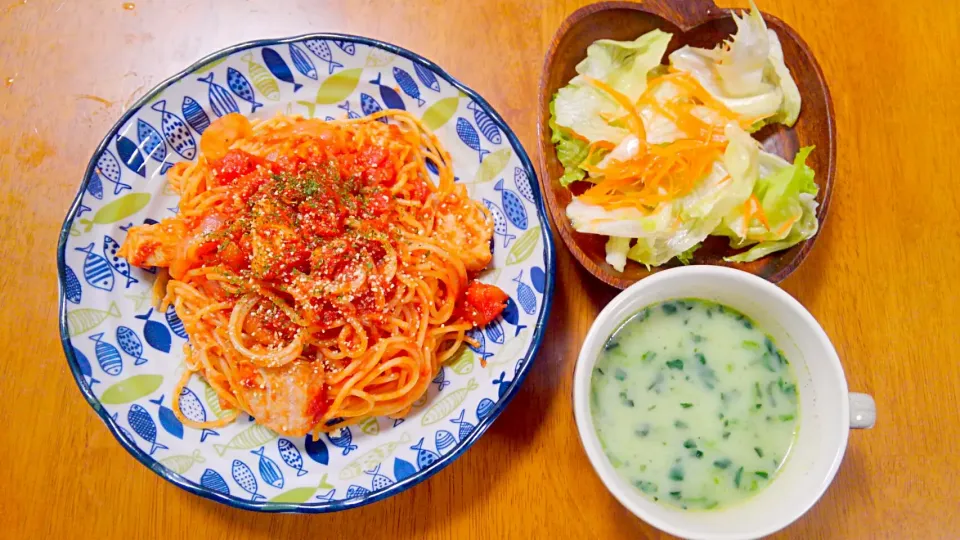 １月２５日　めかじきのトマトパスタ　サラダ　ほうれん草スープ|いもこ。さん