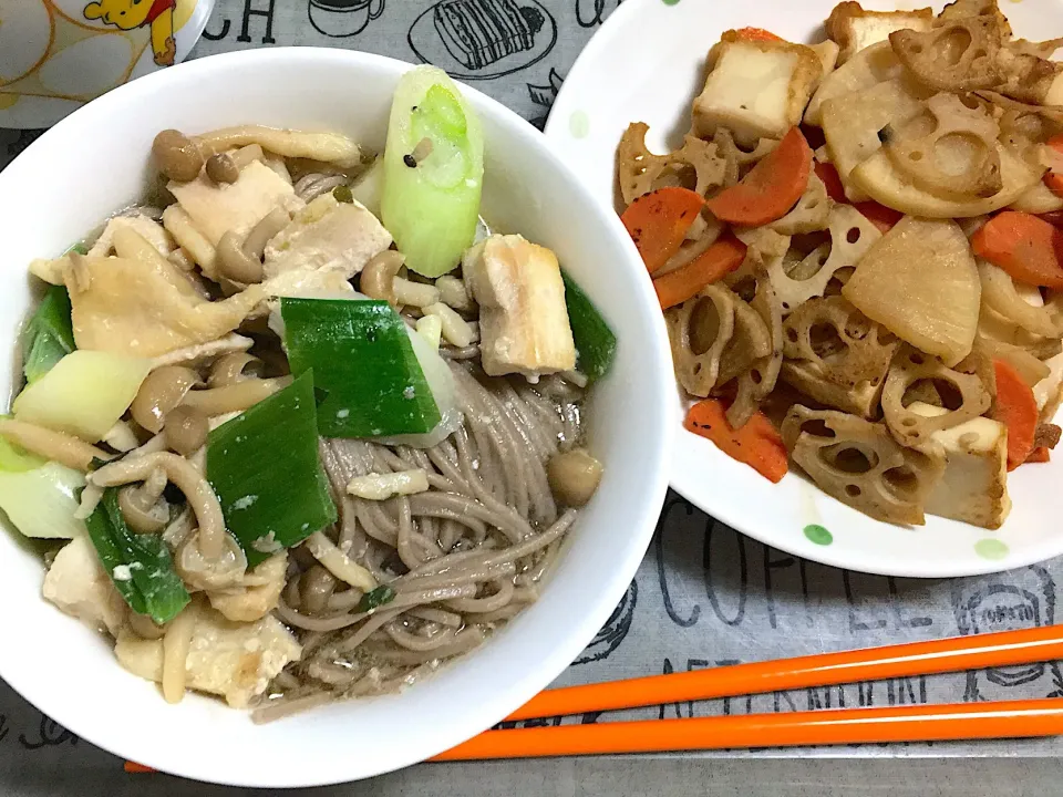 鳥南蛮そばと根菜の醤油炒め！|あんこさん