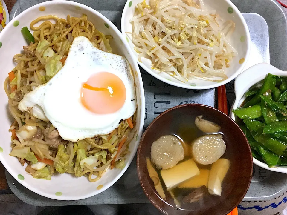 焼きそば、すまし汁、もやしナムル、いんげん味噌和え！|あんこさん