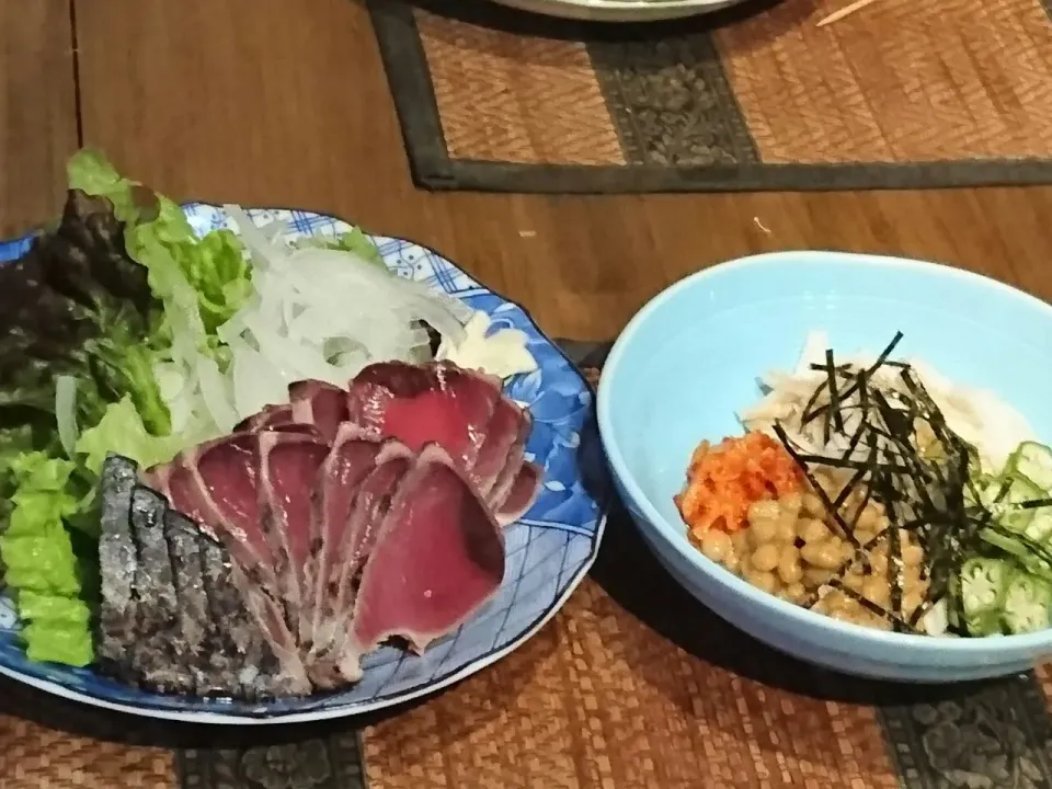 鰹のたたき&納豆と長芋とオクラ|まぐろさん