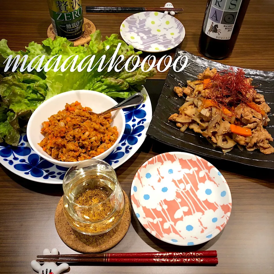 Snapdishの料理写真:ピリ辛納豆肉味噌サニーレタス巻き巻き💚にんにくプンプン豚肉蓮根金平❤️|マイコさん