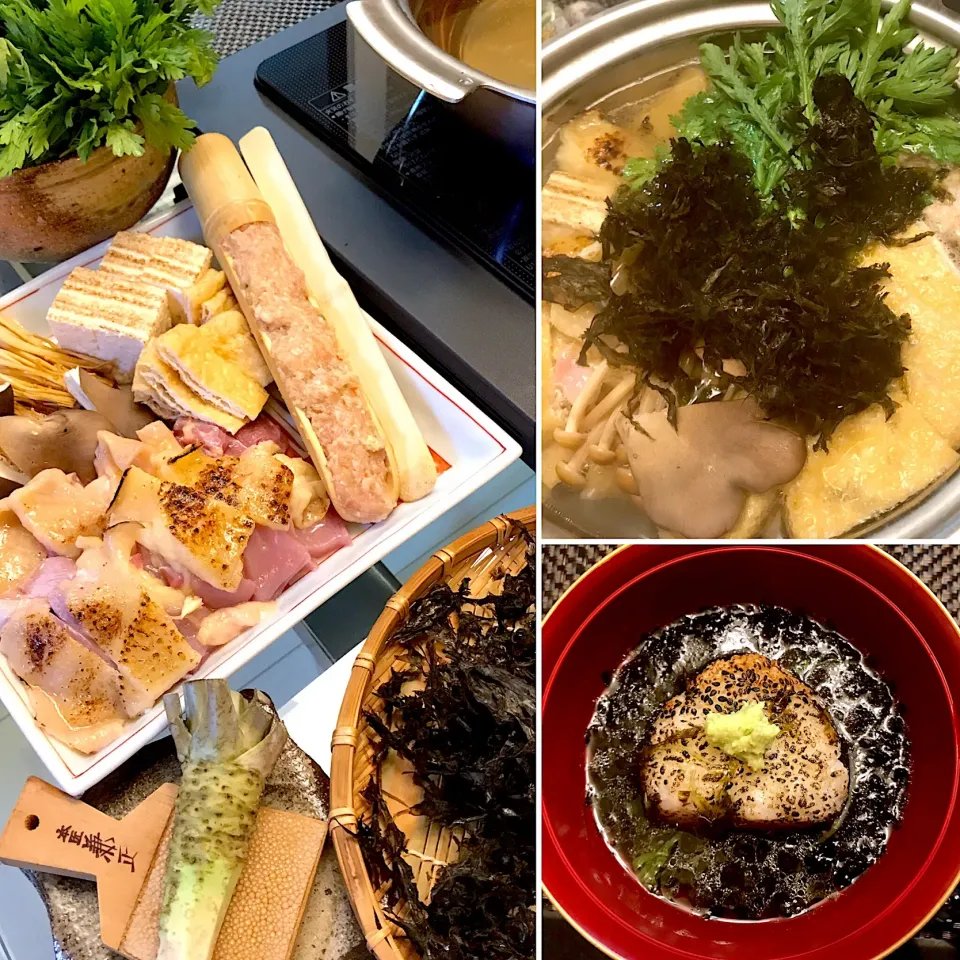 Snapdishの料理写真:今宵は3年ぶりくらいに海苔わさび鍋を作ってみた🍲締めは焼きおにぎり茶漬けどす。ダシは適当に作りすぎてやや塩辛😢水足しまくりましたがな💦海苔が溶けたダシは…まさに闇鍋どす😆|にゃあ（芸名）さん