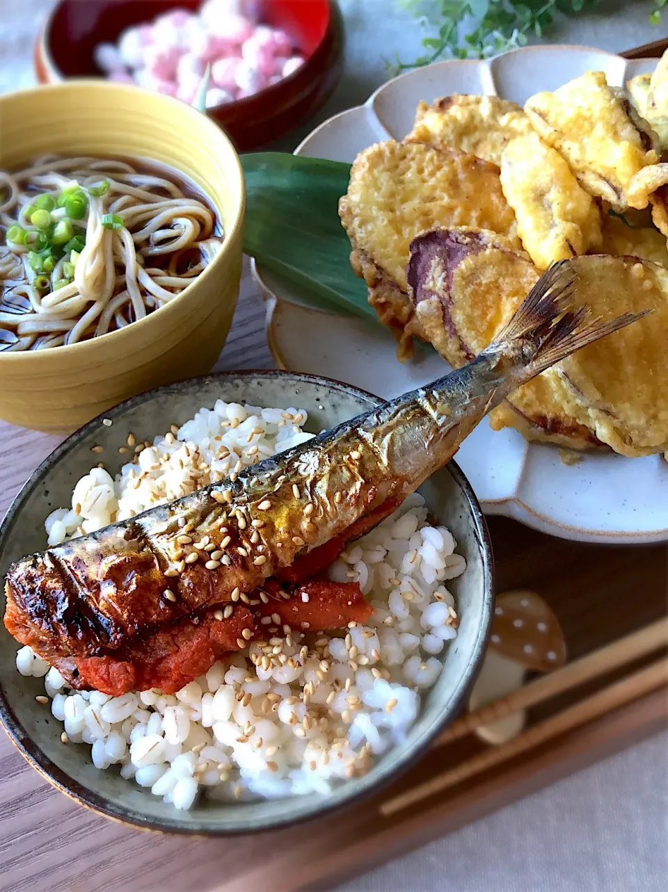 Snapdishの料理写真:節分の日 いわし明太と天ぷら蕎麦|ゆみさん